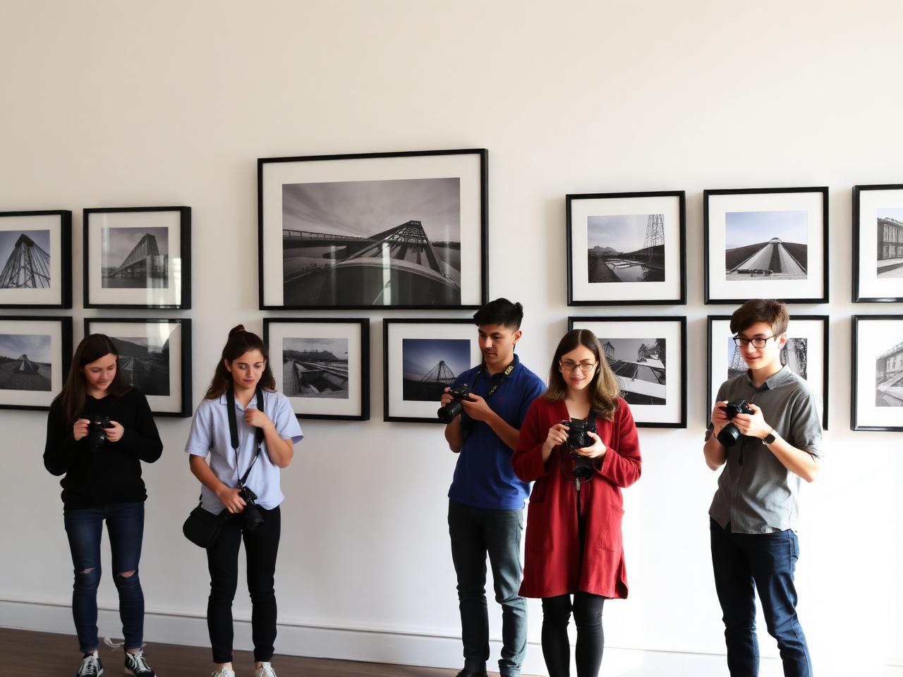 Photography students looking at framed prints on a gallery wall