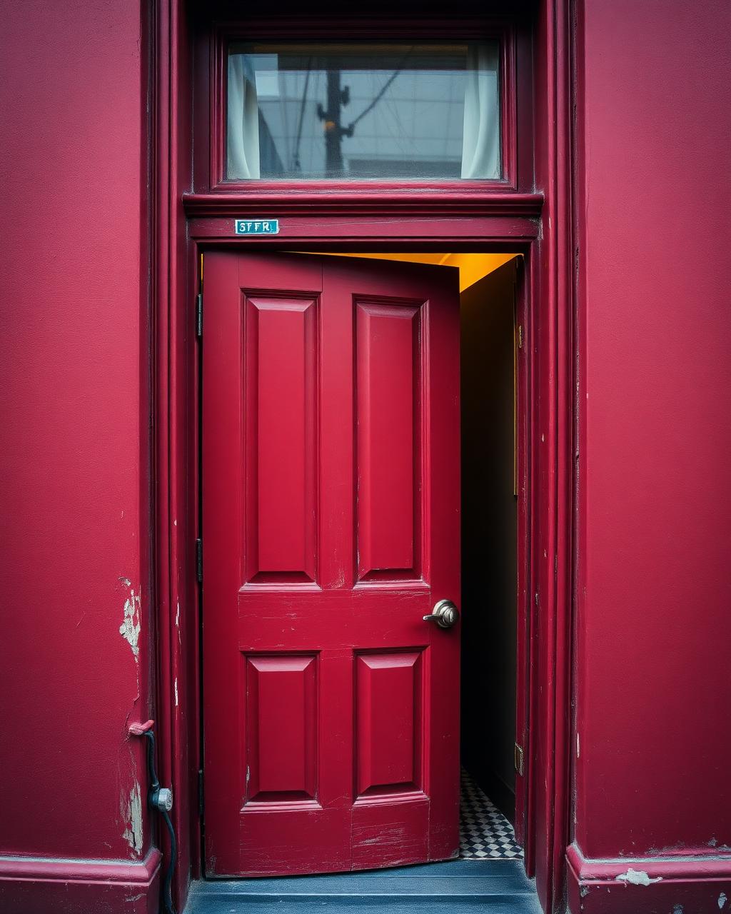 A vermillion red door slightly ajar on a San Francisco street